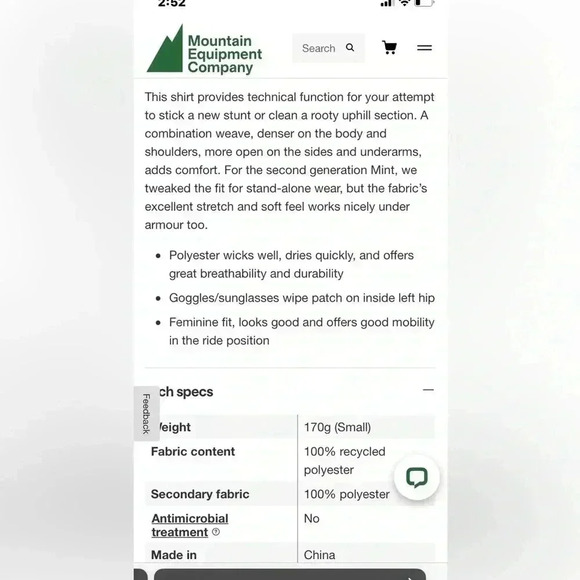 MEC NWOT athletic long sleeve with goggle/sunglass wipe - Picture 7 of 9